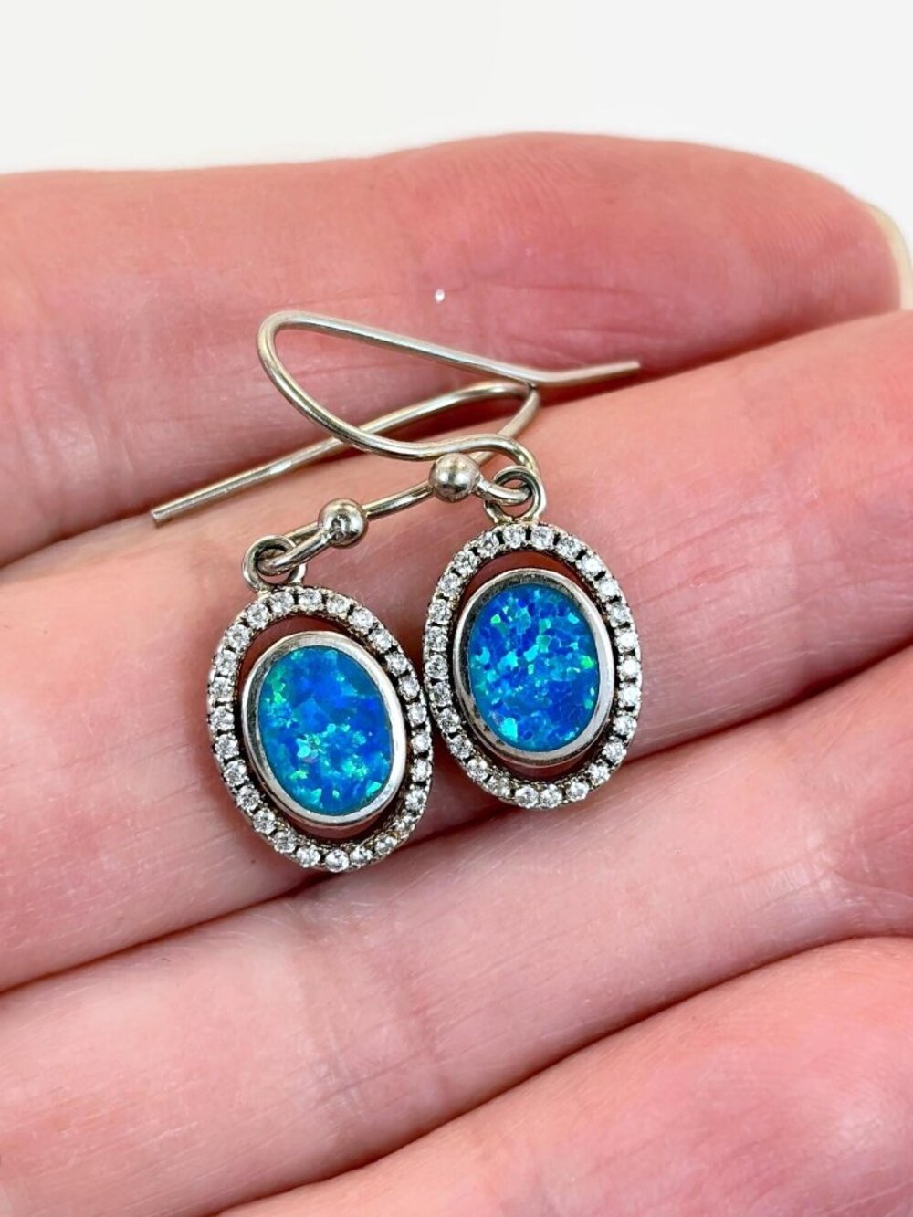 Opal Earrings, Dangle, Sterling Silver, Vintage Earrings, Lab Opal